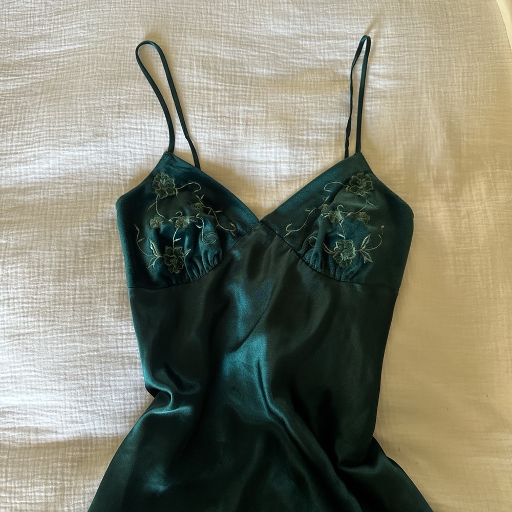 Secret Treasures emerald green Satin Chemise with velvet Floral Embroidery